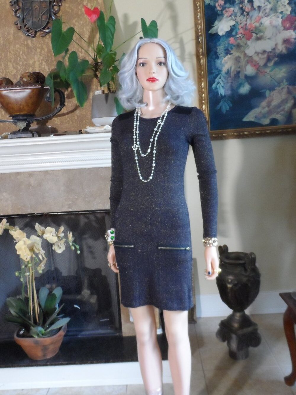 Maje Black & Gold Metallic Knit Long Sleeve Mini Dress Size Small